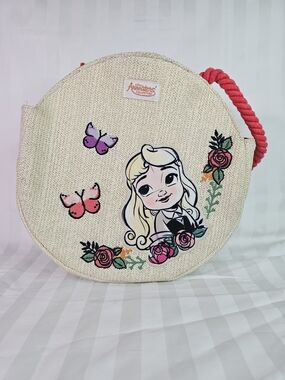Disney Beige Round Straw Mini Bag with Pink Handle and Floral Art